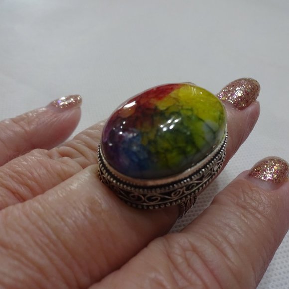 Vivid "RAINBOW GEODE" Handmade Sterling Ring Size 9 #692A - Picture 3 of 3